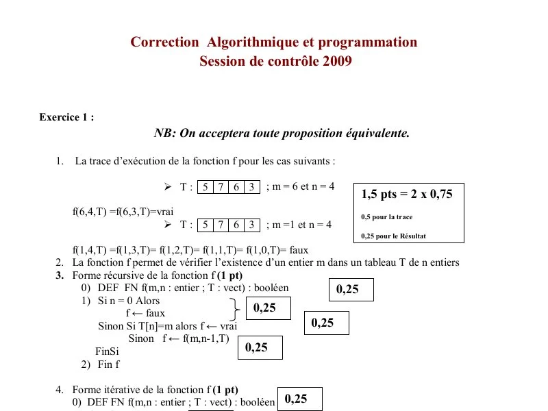 Correction Algorithme et programmation BAC 2009 S controle