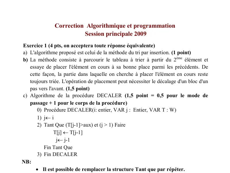 Correction Algorithme et programmation BAC 2009 S principale
