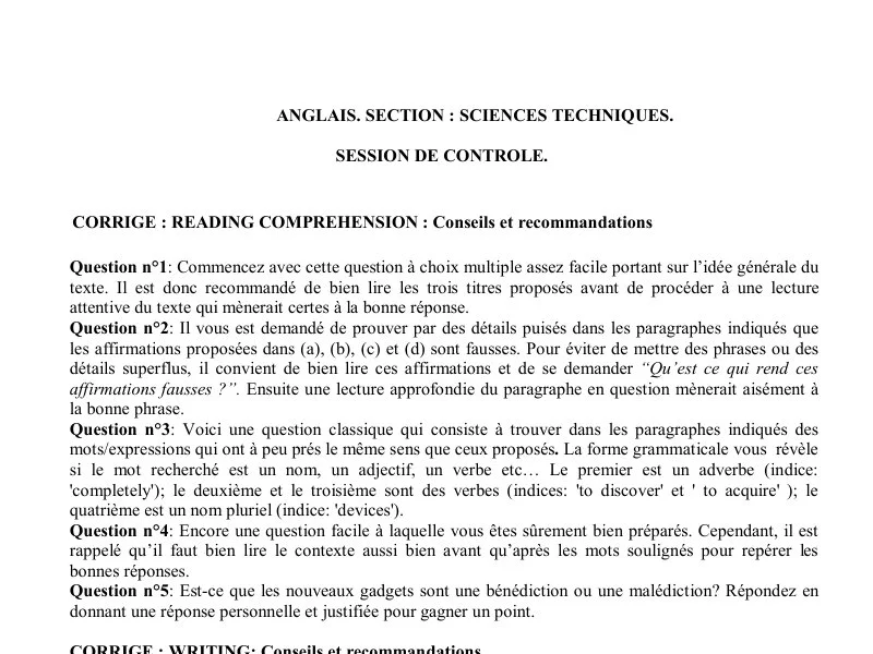 Bac Anglais 2009 ST : Correction Session Contrôle