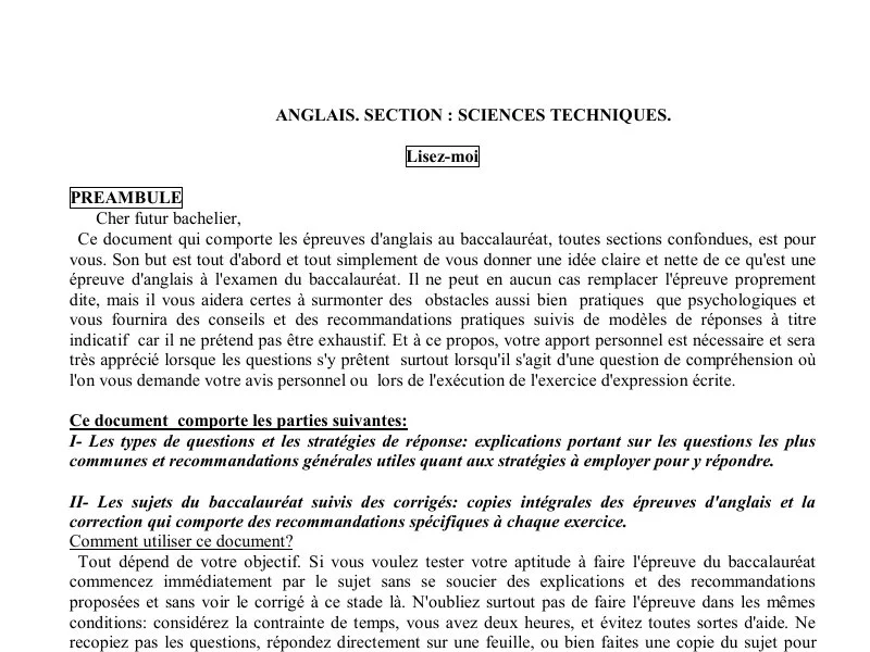 Correction Épreuve Anglais Bac Sciences Techniques 2009
