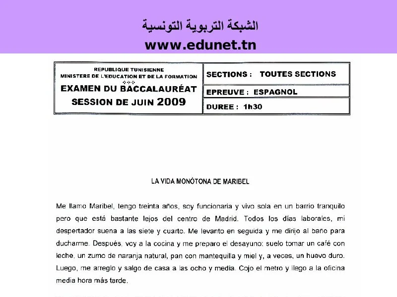 Examen Espagnol Bac 2009 Session Principale - Sciences Tech