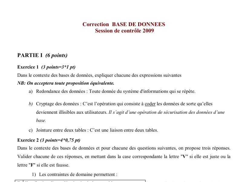 Correction de l'examen de Base de donnée BAC 2009 controle