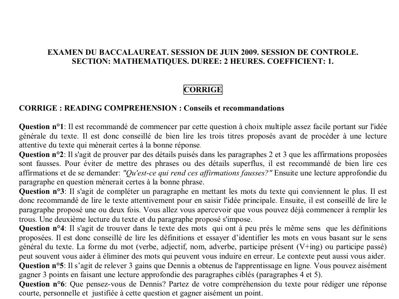 Corrigé Examen Anglais Bac Maths 2009 (Contrôle)