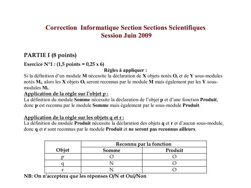 Corrigé Bac Informatique 2009 (Maths) - Session Principale