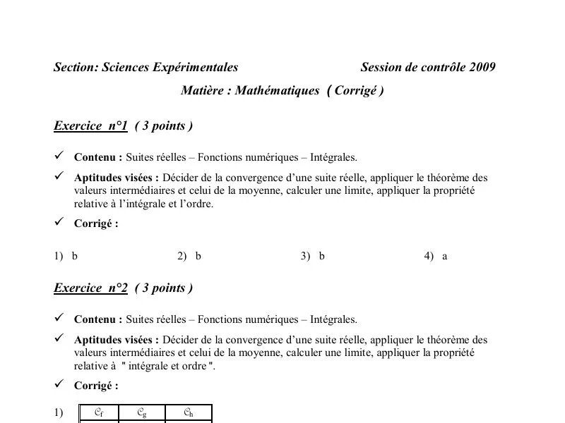 Correction Bac Maths 2009 | Sciences Exp. Rattrapage