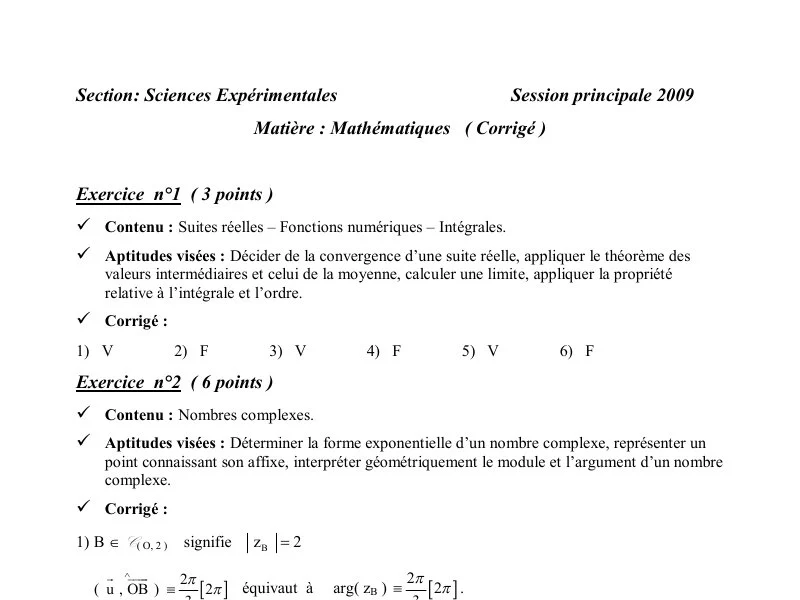 Correction Maths Bac 2009 : Sciences Expérimentales Tunisie
