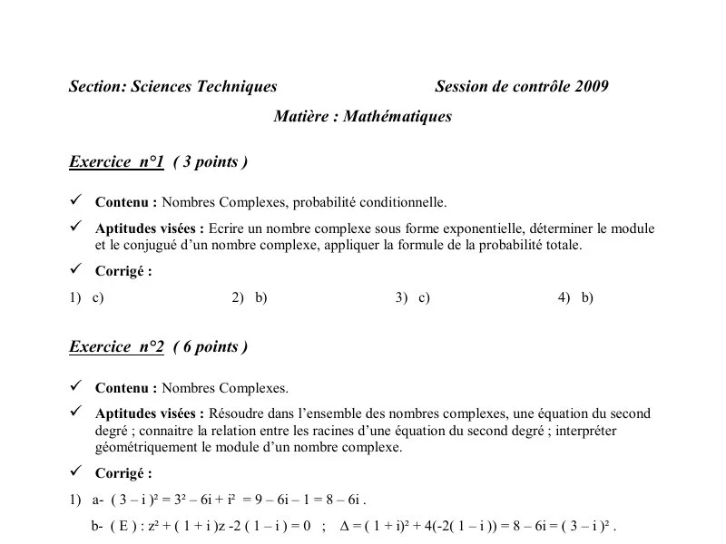 Correction Bac Maths Sciences Techniques 2009 Rattrapage