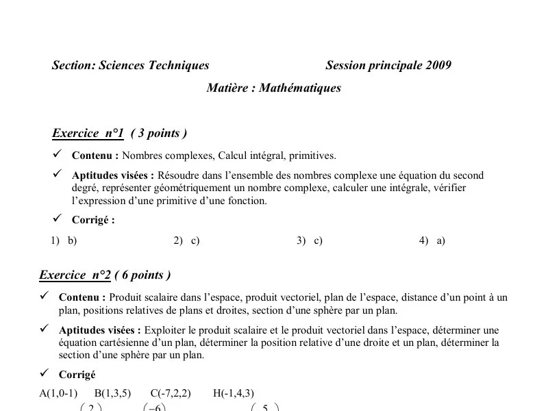 Bac Maths 2009 ST : Corrigé de la Session Principale