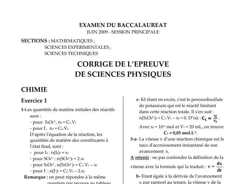 Correction Bac Physique 2009 - Sciences Expérimentales Tunisie