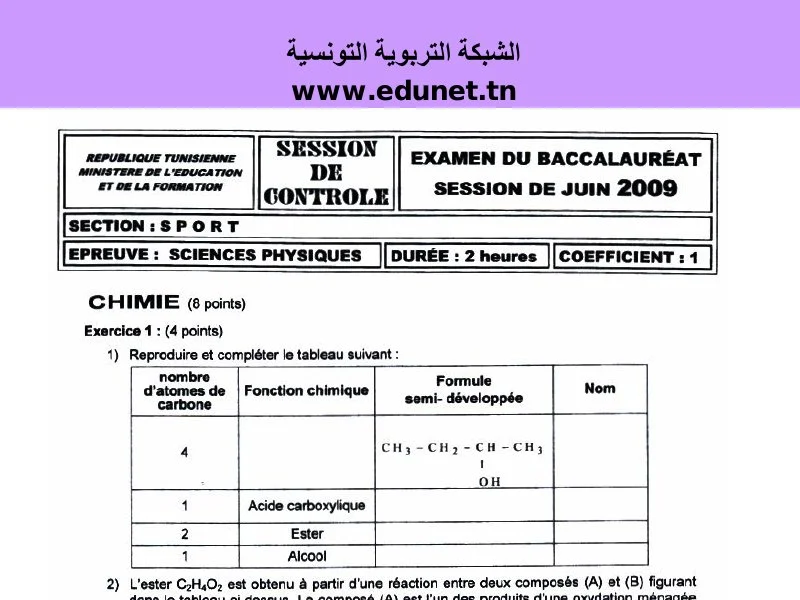 BAC 2009 Physique-Chimie : Examen Rattrapage Bac Sport