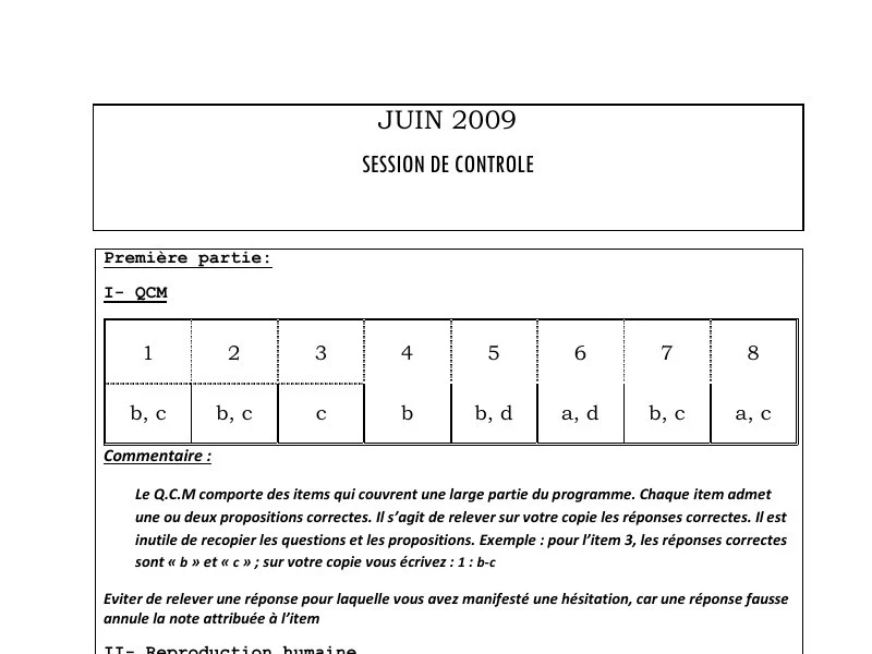 Correction Examen SVT Bac Sc. Exp. 2009 Rattrapage