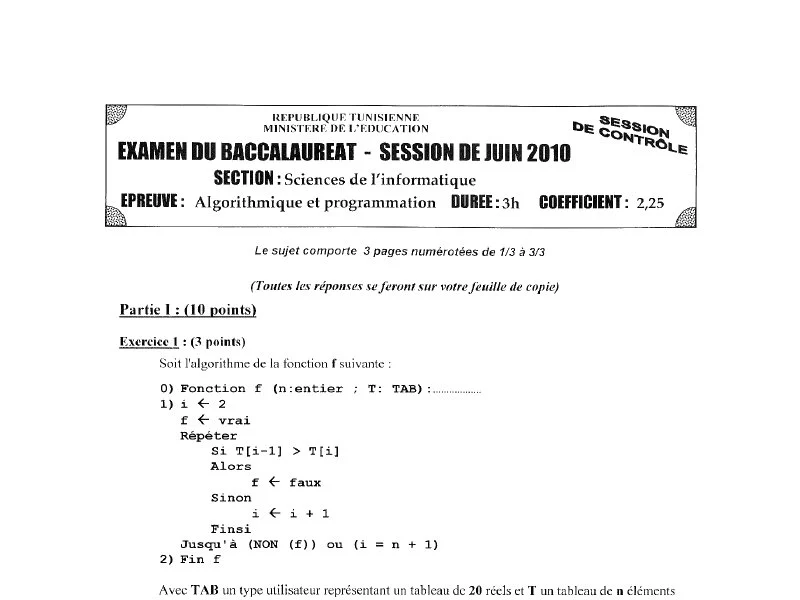 Examen d’algorithme et programmation BAC 2010 S controle