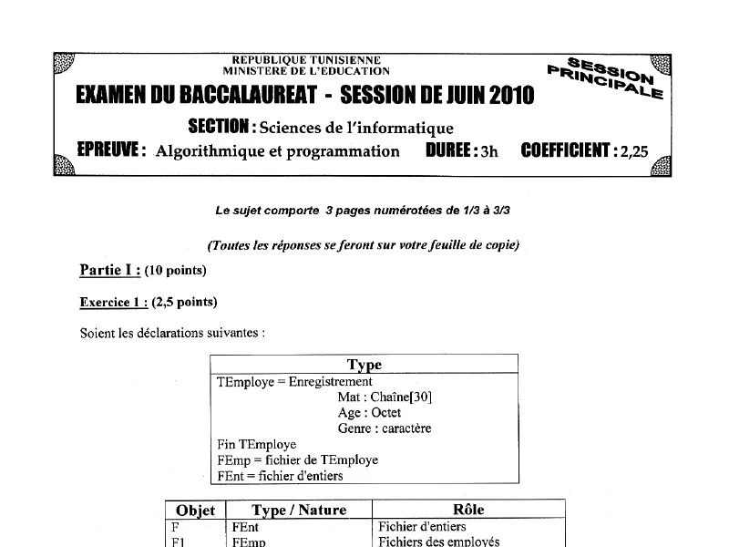 Examen d’algorithme et programmation BAC 2010 S principale
