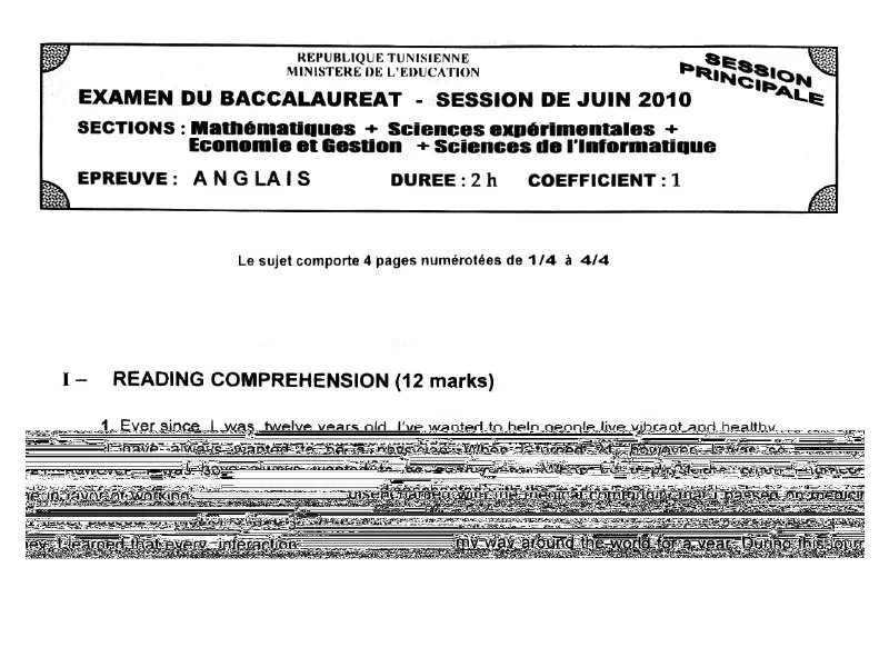 إمتحان إنجليزية لسنة 2010 الدورة الرئيسية باكالوريا علوم تجريبية