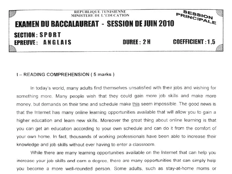 إمتحان أنجليزية لسنة BAC 2010 الدورة الرئيسية باكالوريا تربية بدنية