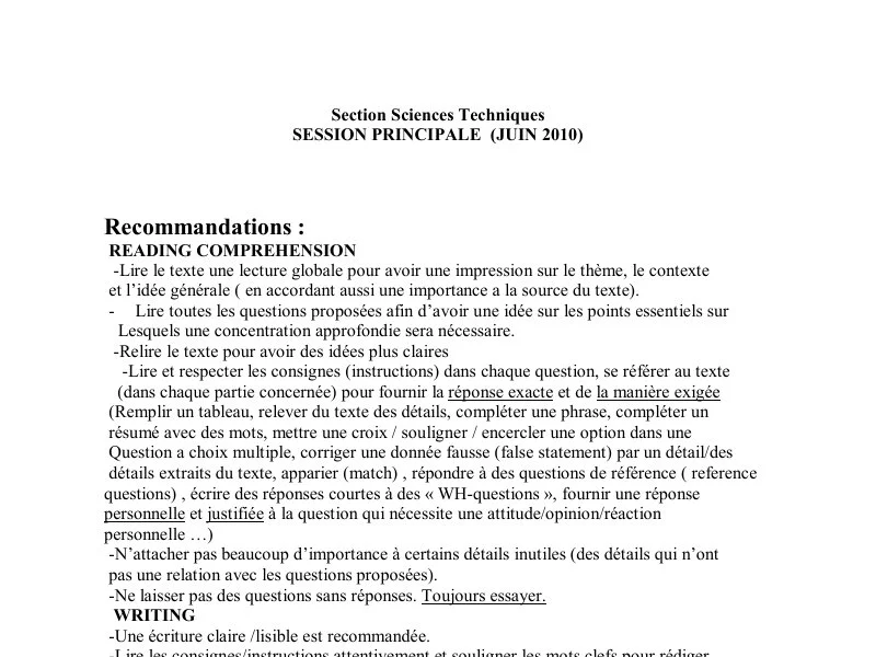 Correction Examen Anglais Bac 2010 Sciences Techniques