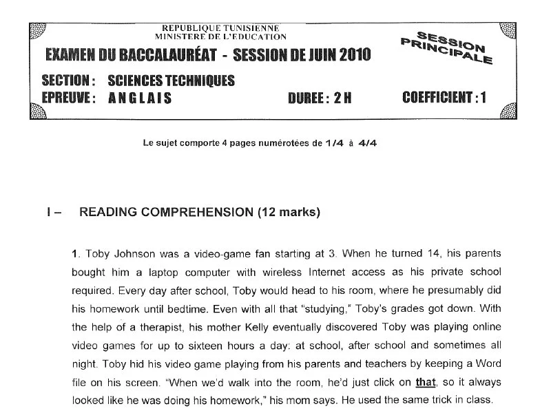 Bac Anglais 2010 : Épreuve Sciences Techniques Tunisie