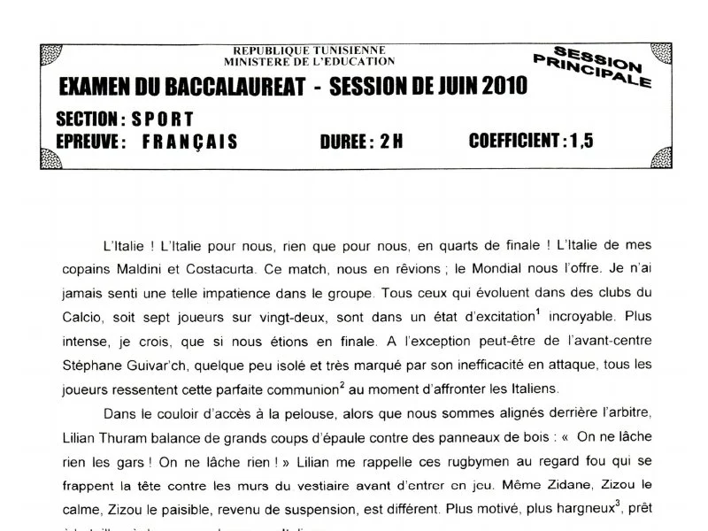 إمتحان فرنسية لسنة BAC 2010 الدورة الرئيسية باكالوريا تربية بدنية