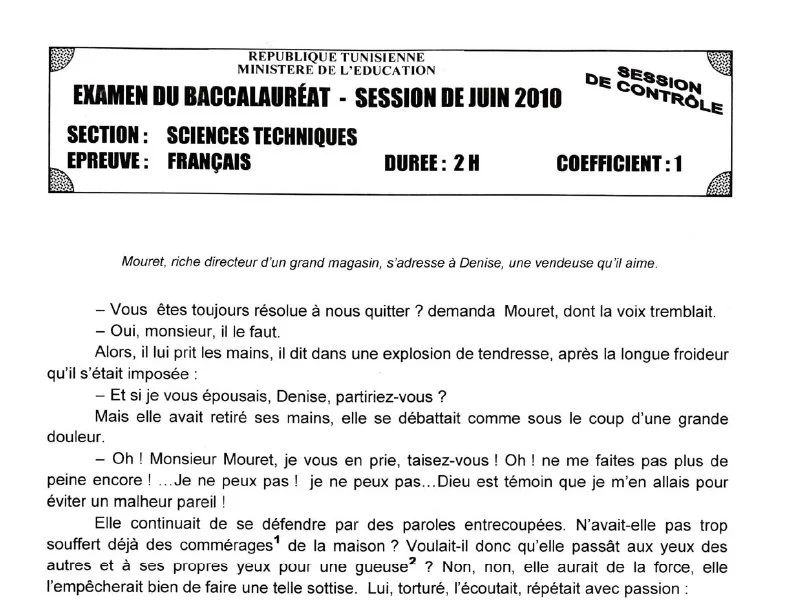Examen Bac Français 2010 : Sciences Techniques (Rattrapage)