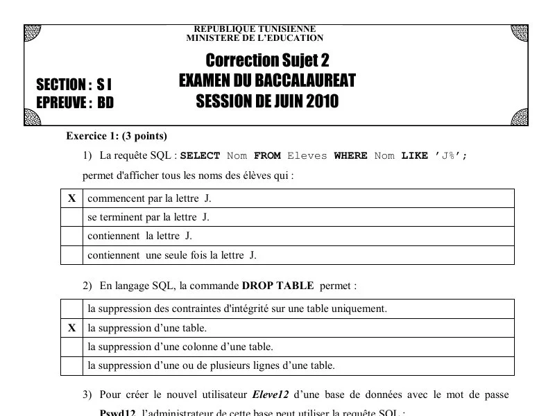 Correction de l'examen de Base de donnée BAC 2010 controle