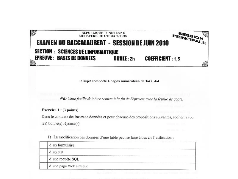Examen de Base de donnée BAC 2010 principale