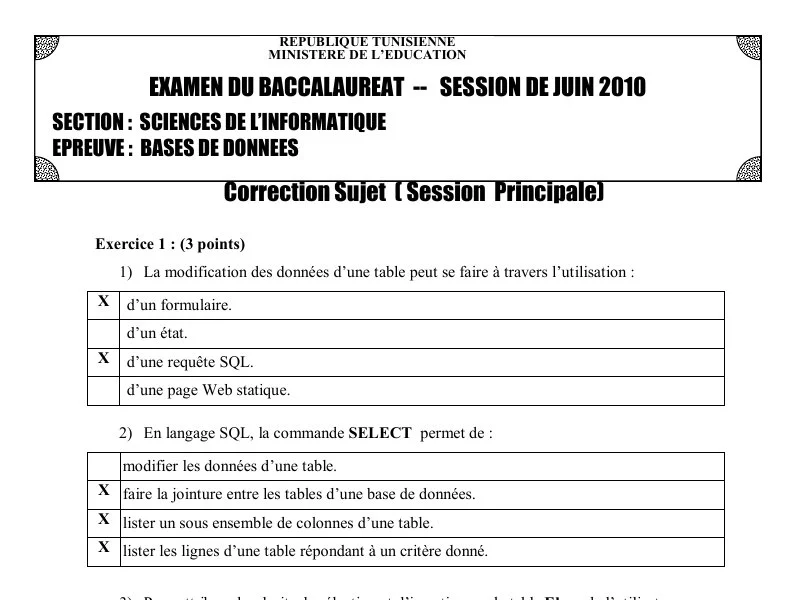 Correction de l'examen de Base de donnée BAC 2010 principale