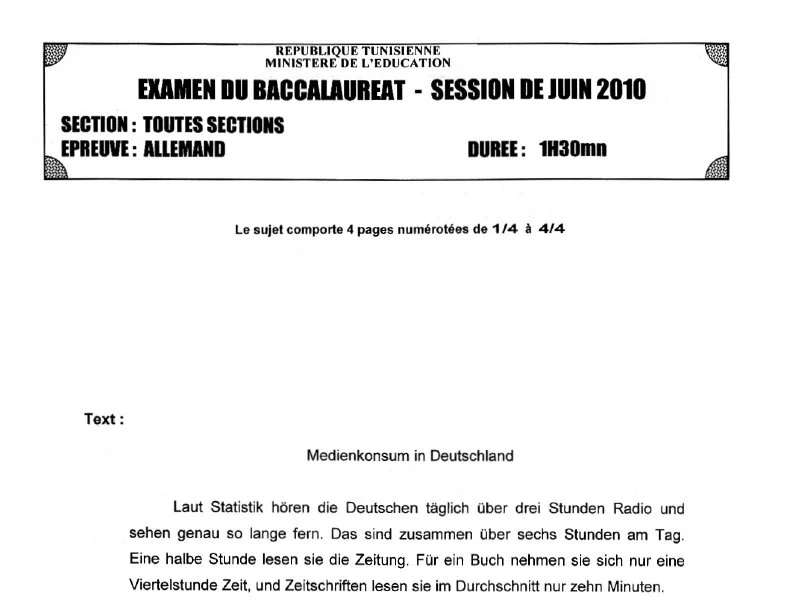 إمتحان ألمانية لسنة BAC 2010 الدورة الرئيسية باكالوريا إعلامية
