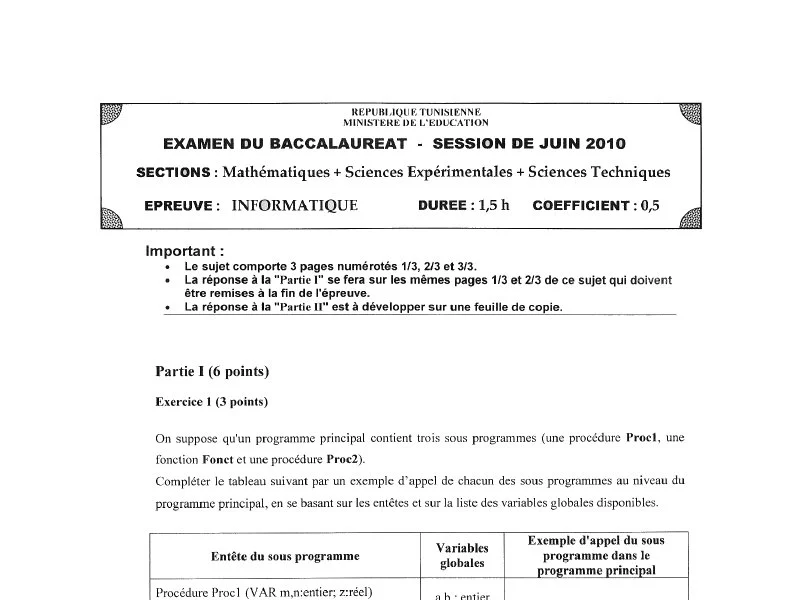 Bac 2010 : Examen d'Informatique, Sciences Techniques (Tunisie)