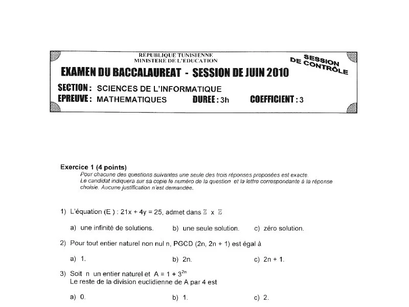 إمتحان رياضيات لسنة 2010 دورة التدارك باكالوريا إعلامية