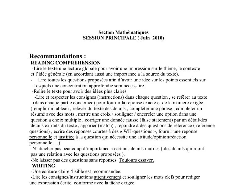 Corrigé Bac Anglais 2010 Maths - Session Principale