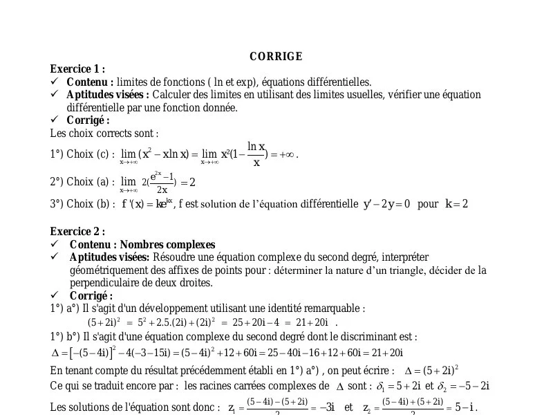 Correction Bac Maths 2010 Sciences Expérimentales Tunisie