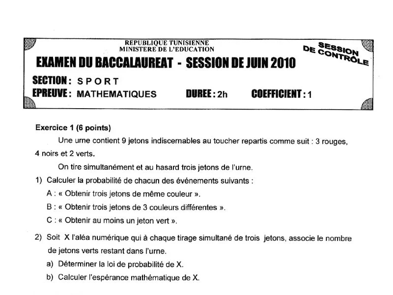 Bac 2010 : Examen Maths Épreuve de Rattrapage Sport
