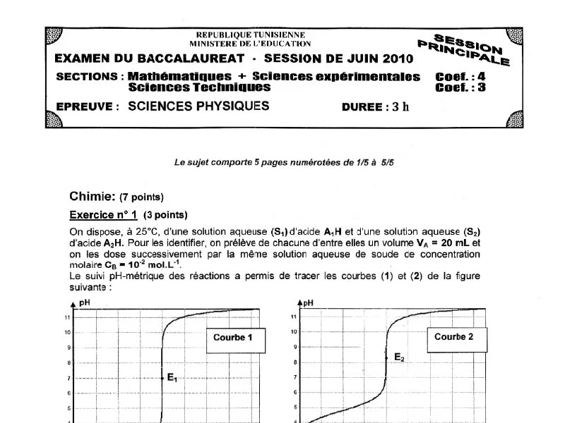 Bac Physique 2010 : Sciences Expérimentales - Session Principale