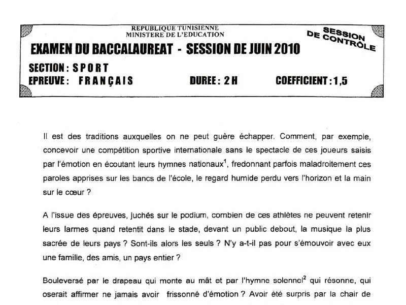 Examen Français BAC 2010 Session de Rattrapage - Education Physique