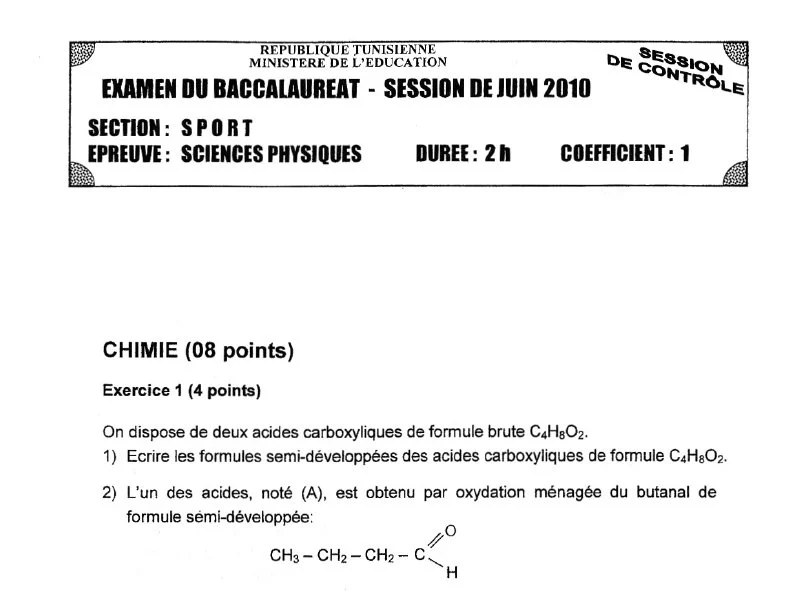 BAC 2010 : Examen Physique Sciences Éduc. Physique (Session Rattrapage)