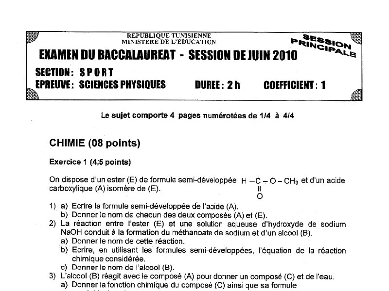 إمتحان علوم فيزيائية لسنة BAC 2010 الدورة الرئيسية باكالوريا تربية بدنية