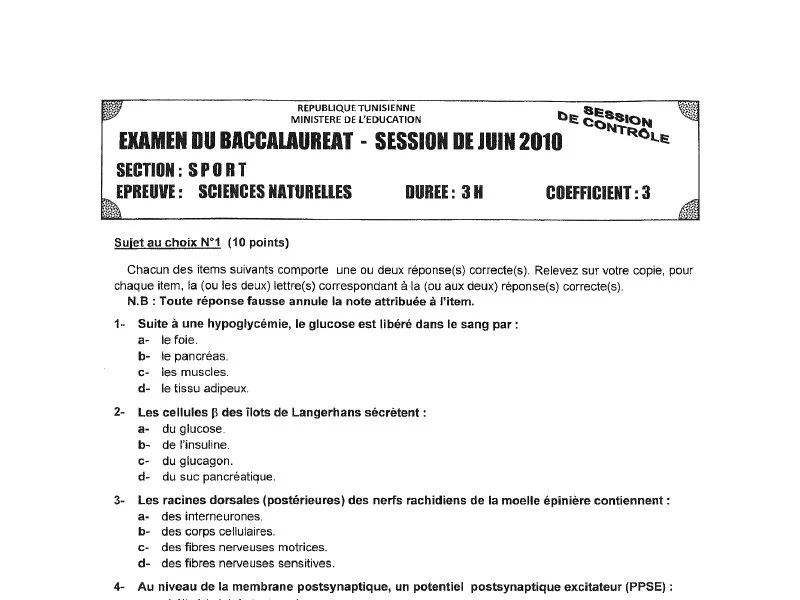 Sciences Vie Terre BAC 2010 : Examen de Rattrapage Sport