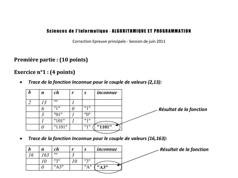 Correction Algorithme et programmation BAC 2011 S principale