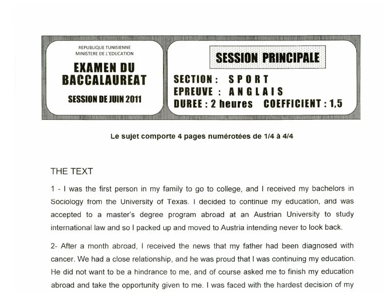 إمتحان أنجليزية لسنة BAC 2011 الدورة الرئيسية باكالوريا تربية بدنية
