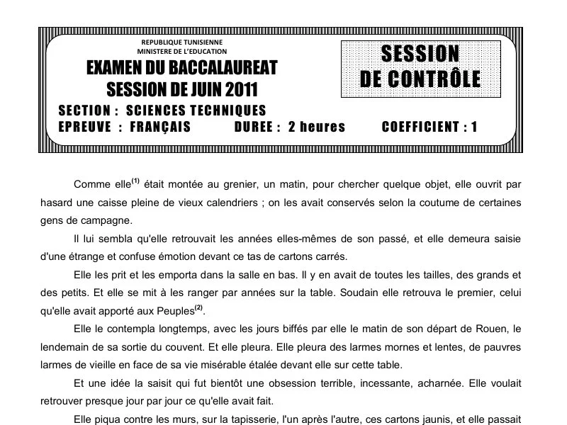 Baccalauréat 2011 : Français Sciences Techniques (Rattrapage)