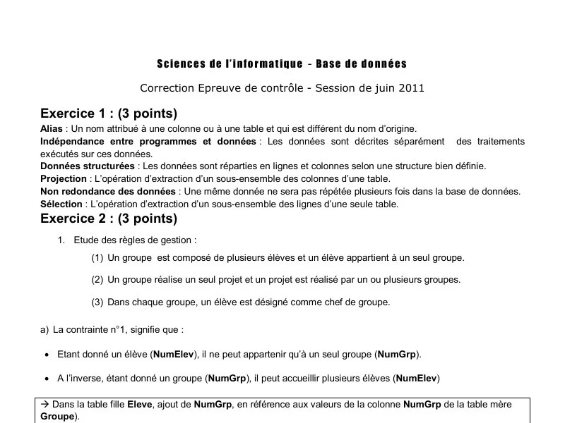 Correction de l'examen de Base de donnée BAC 2011 controle