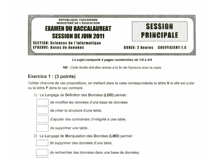 Examen de Base de donnée BAC 2011 principale