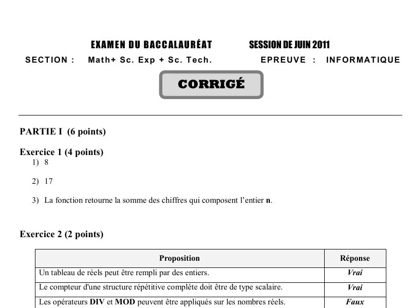 Corrigé Bac Informatique 2011 | Section Maths (Principale)