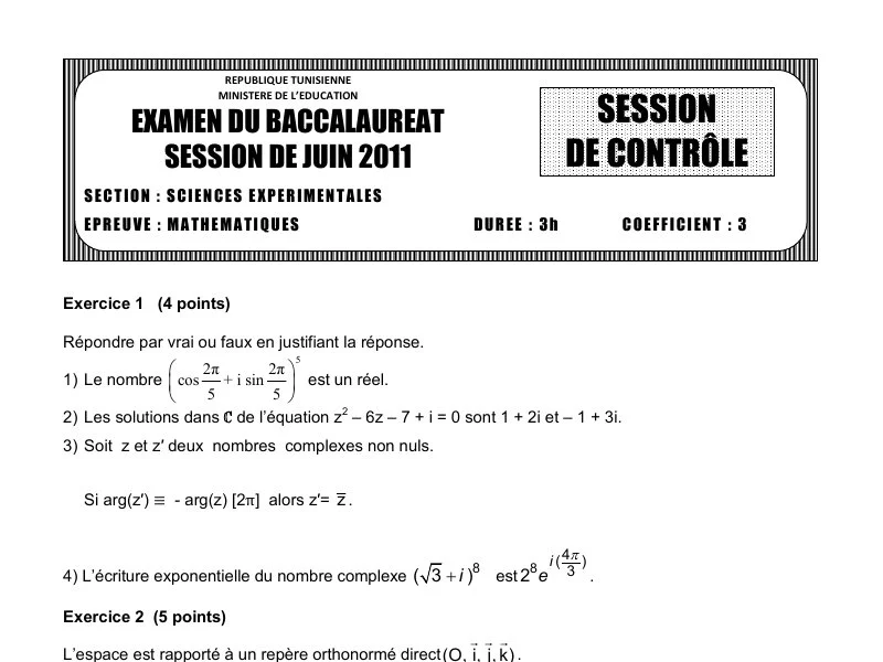 Examen Bac Maths 2011 Rattrapage Sc. Exp.
