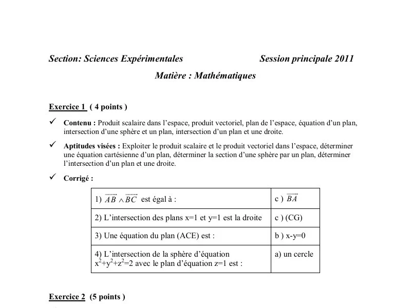 إصلاح إمتحان رياضيات لسنة 2011 الدورة الرئيسية باكالوريا علوم تجريبية