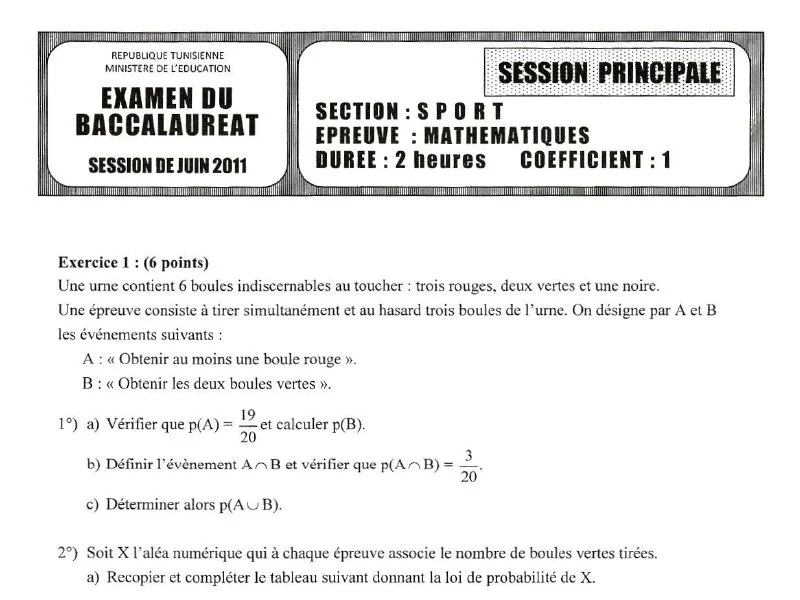 Bac 2011 Maths : Examen Section Sport Tunisie (D.R.)