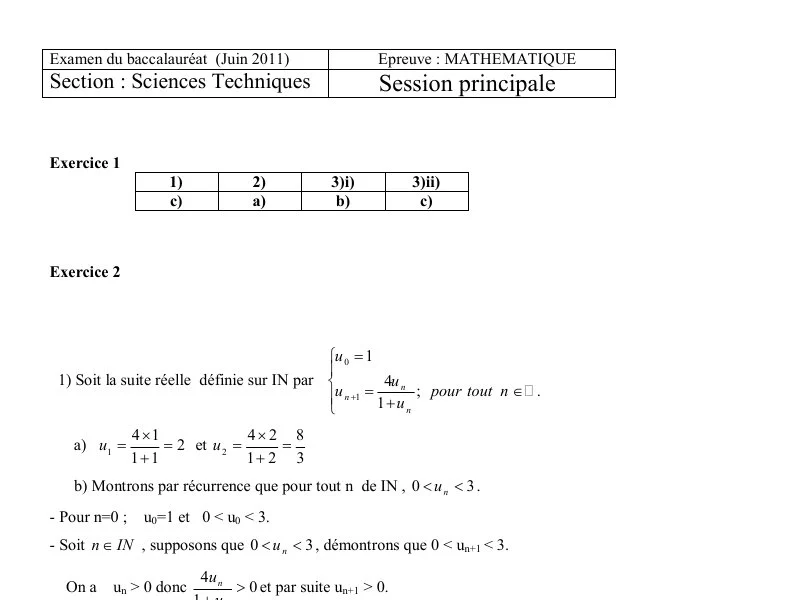 Correction Bac Mathématiques 2011 - Sciences Techniques