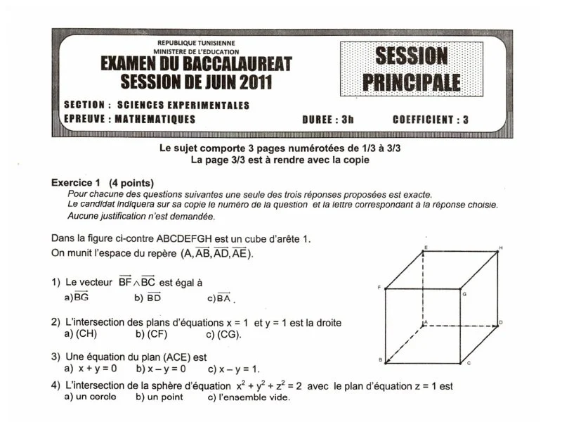Bac Math 2011 Sciences Expérimentales - Session Principale