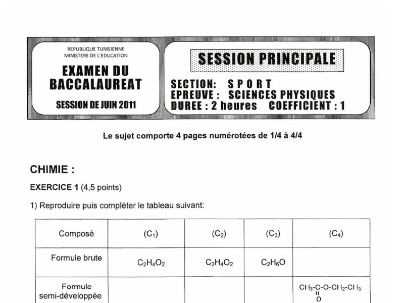 إمتحان علوم فيزيائية لسنة BAC 2011 الدورة الرئيسية باكالوريا تربية بدنية