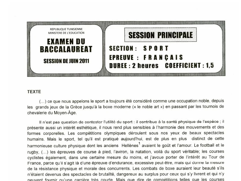 Bac 2011 : Examen Français - Épreuve Principale Éducation Physique